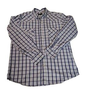 Double Pump Men's Western Pearl Snap Shirt Large Blue White Plaid Long Sleeve